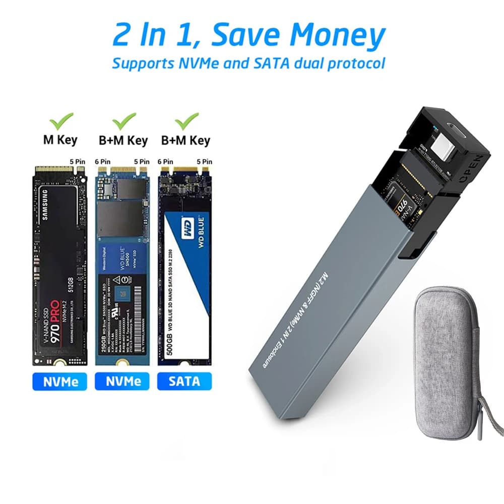 Dual Protocol M2 NVMe NGFF SATA SSD Case 10Gbps HDD SSD Box to USB3.1 External Enclosure Box for 2230 2242 2260 2280 M/B&M Key