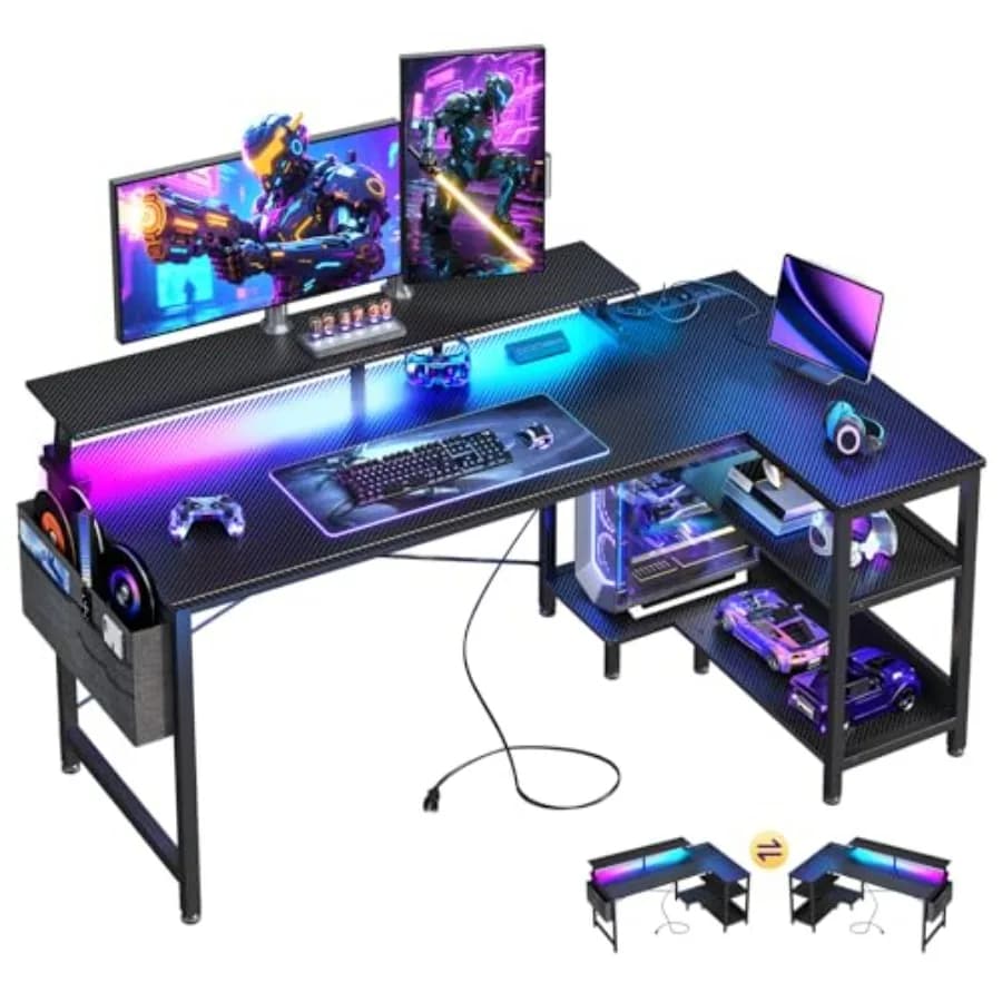 Scrivania da Gaming 48 Pollici con Porte di Ricarica USB e Luci LED Scrivania a L Reversibile con Ripiani Portaoggetti e Supporto per Monitor