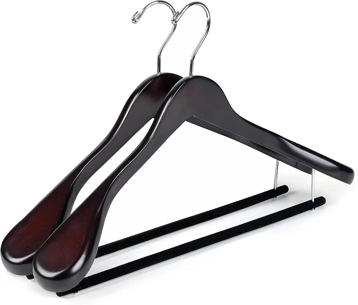 Appendiabiti di Lusso in Legno con Spalle Larghe, Confezione da 2, con Barra in Velluto, Finitura Liscia Mogano per Vestiti Pesanti, 360 ° Gancio Girevole