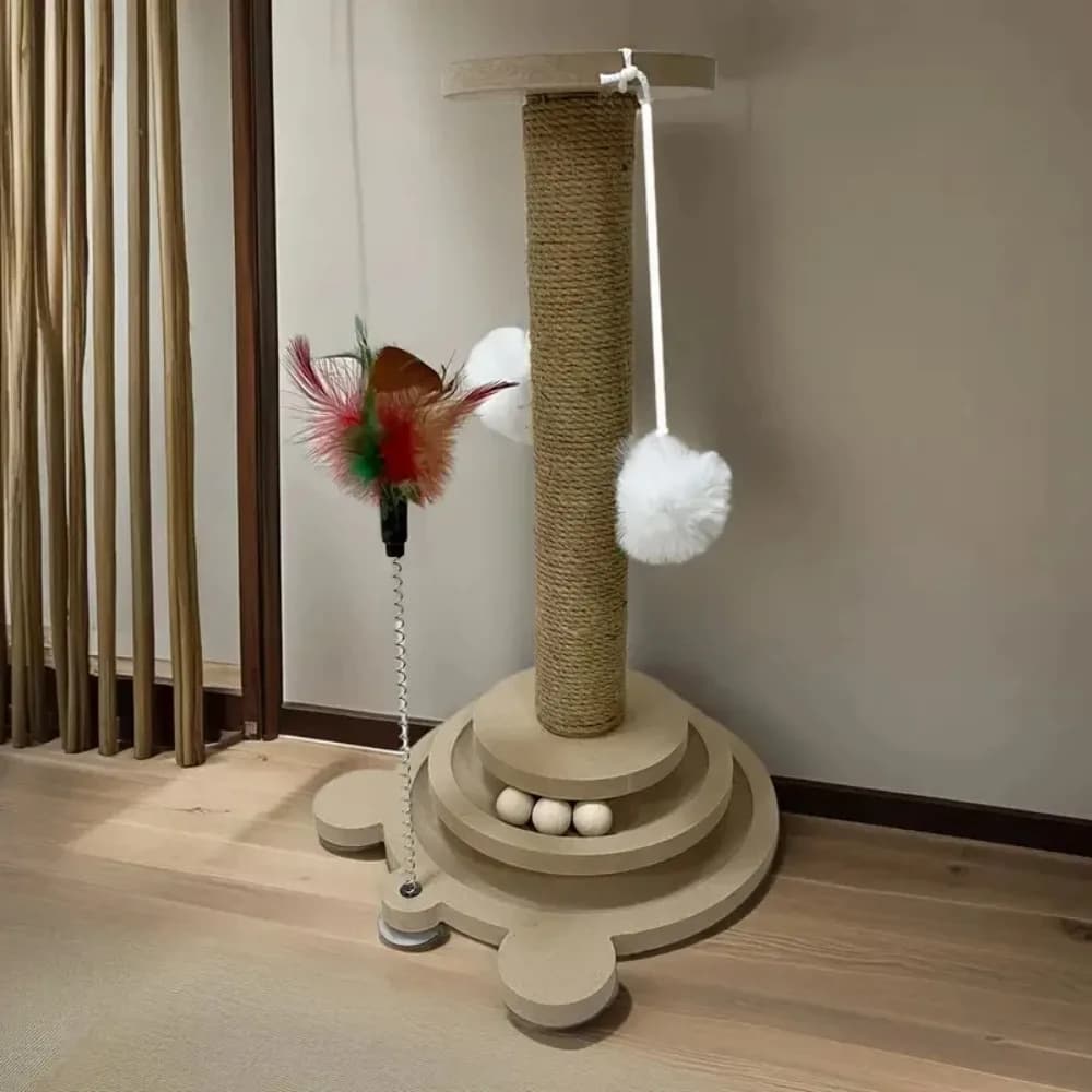 Tiragraffi per Gatti con Bacchetta Interattiva, Tiragraffi Girevole in Sisal Resistente all'Usura, Giocattolo Arrampicata Anti-parassiti per Gatti