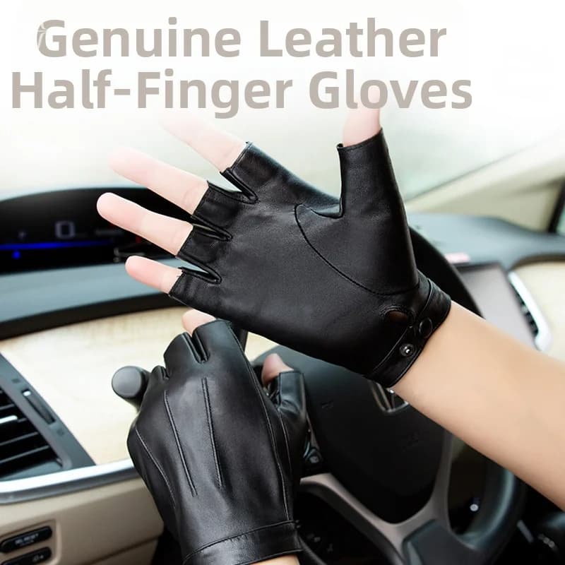 Men Thin Sheepskin Fingerless Leather Gloves Anti-Slip Half Finger Gloves For Motorbike Driving Cycling Gym Spring & Autumn