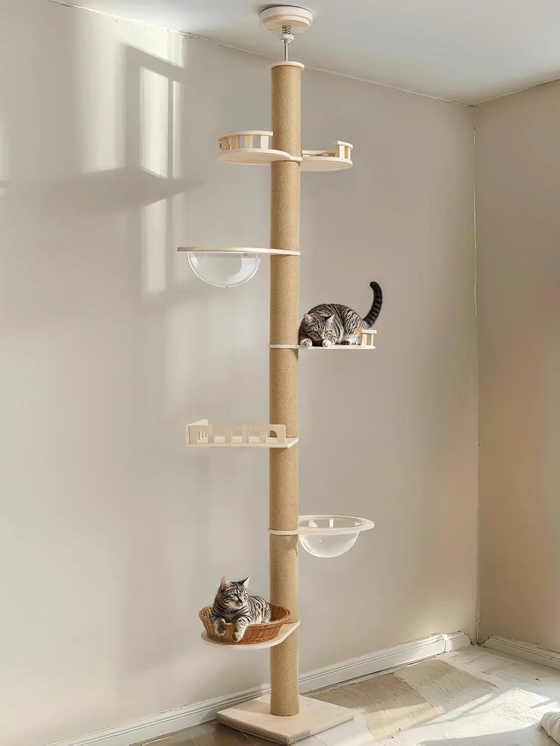 Albero per Gatti Regolabile da Pavimento a Soffitto, 106-123 Pollici, Robusto con Pali Rinforzati, Torre per Gatti da Interno