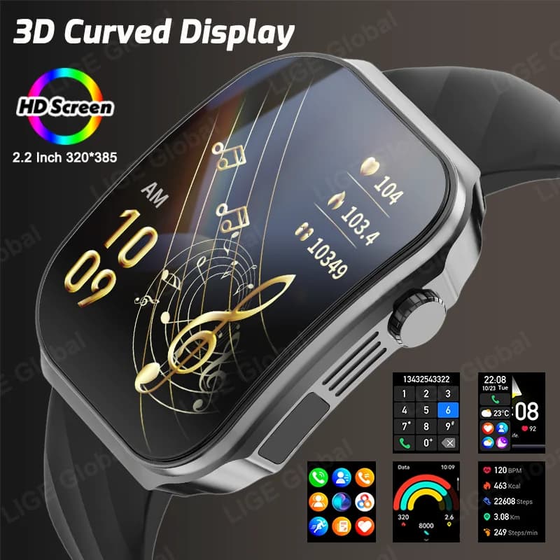 LIGE Smartwatch da Uomo con Schermo Curvo da 2,2 Pollici, Torcia LED, Bluetooth 5.3, Chiamate HD, 100+ Sport, Misurazione Temperatura Corporea, Smartwatch da Donna