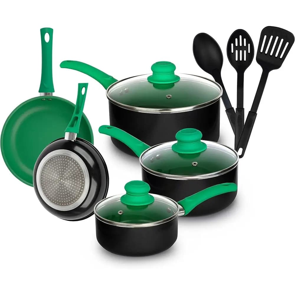 Set di Pentole e Padelle Antiaderenti in Alluminio Verde 11 Pezzi con Utensili e Strumenti da Cucina