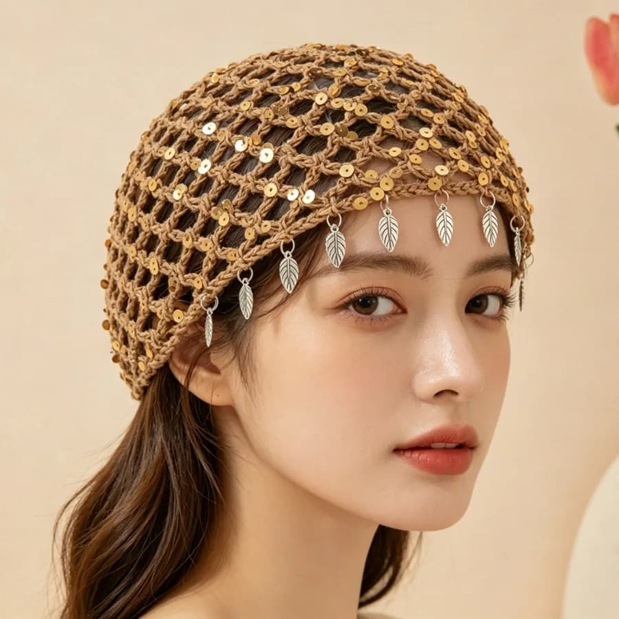Sequin Hollow-Out Beanie for Women Summer Breathable Design Stylish Slouchy Hat Trendy Thin Beanie