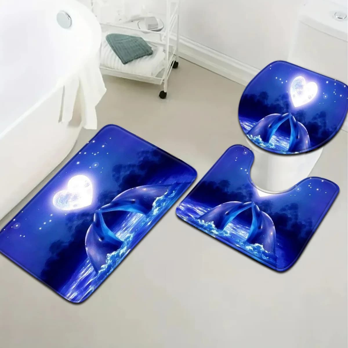 Set di tappeti da bagno romantici con delfini, 3 pezzi, motivo cuore, luna e oceano, tappetino per WC e tappeto sagomato, antiscivolo, morbidi tappetini da bagno
