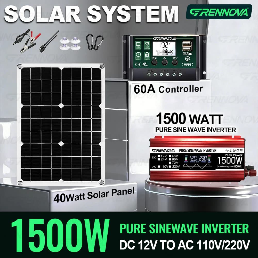 Kit Completo di Energia Solare a Onda Sinusoidale Pura da 1500W | Pannello da 40W + Controller da 60A, da 12V a 110V/220V, Potenza Nominale 800W per Uso Domestico ed Esterno