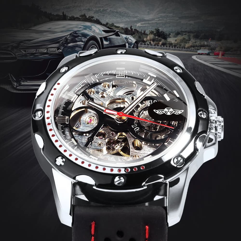 WINNER Sports Mechanical Mens Watches Top Brand Luxury Skeleton Automatic Watch for Men Rubber Strap Business Wristwatches Gifts