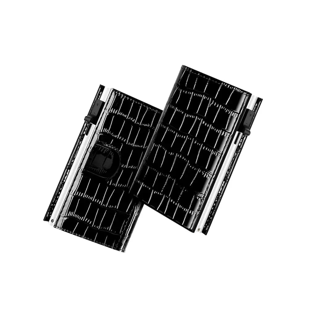 Spedizione Gratuita - Portafoglio Unisex Piccolo - Elegante Pelle Nera Effetto Coccodrillo, Porta Carte Smart in Metallo con Blocco RFID, Ultra Sottile Adatto alla Maggior Parte delle Tasche