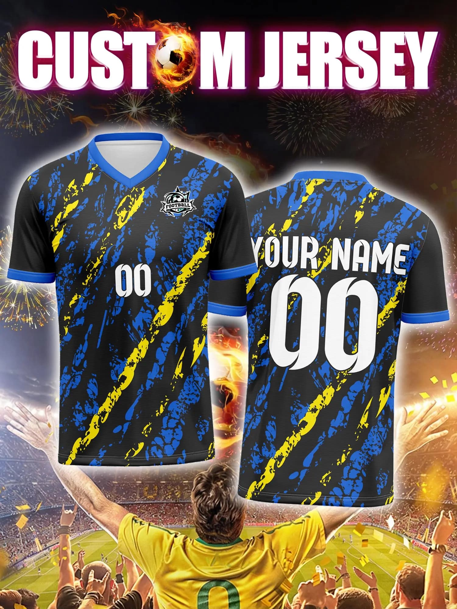 Customized football jersey with image, number and custom name, for sports enthusiasts, collectors, limited edition.