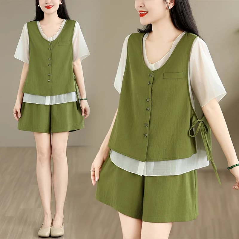 Style Women's Summer Casual Two-Piece Set Vest And Shorts Side-Tie Slimming Breathable Cotton round Neck Open Cardigan