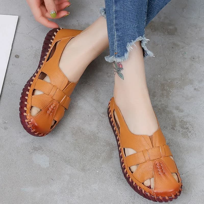 Sandali piatti da donna in vera pelle, scarpe estive da donna con intagli, mocassini da spiaggia da donna, sandali da mamma, taglie grandi 35-42 WSH5571