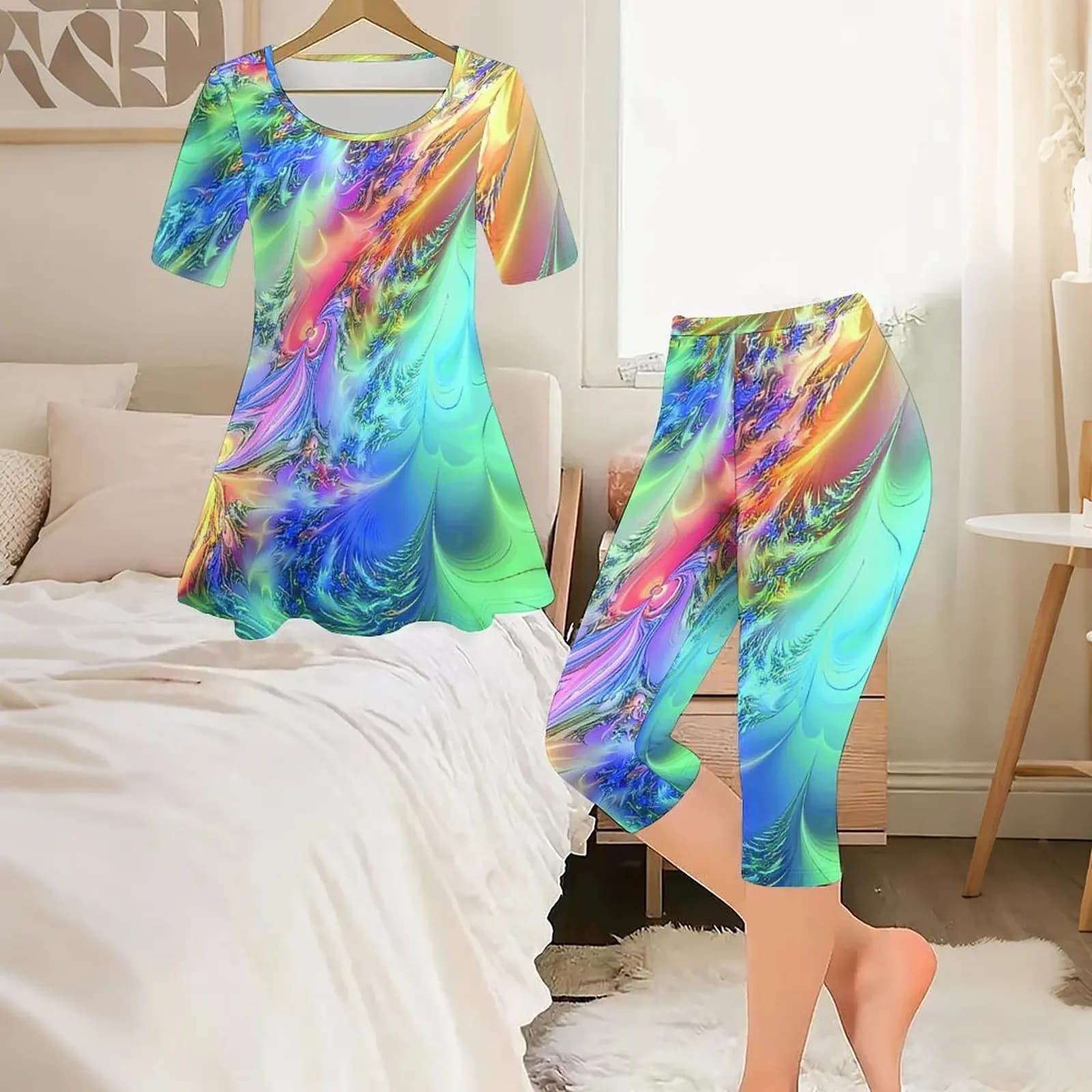 2pcs Print Two Piece Set Women Street Vacation Short Sleeved Fashion Retro Tops Everyday Exercise Leggings