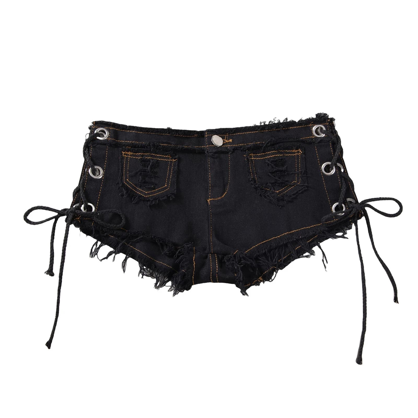 Pantaloncini da uomo a vita bassa, extra corti, in denim strappato con bordo grezzo, con lacci laterali, ideali per discoteca e ballo.