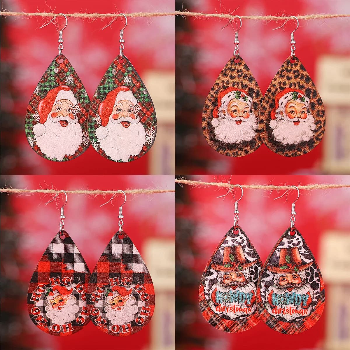 nuovi orecchini pendenti con goccia d'acqua in denim occidentale natalizio con motivo mucca Babbo Natale Orecchini bifacciali in PU