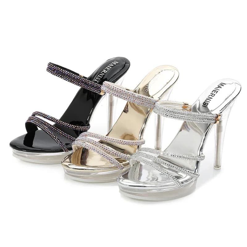 Rhinestone Crystal Shoes Platform Transparent High Heel Slippers Wedding Party Women's Sandals Thin Heels 10cm Sexy Silver Gold