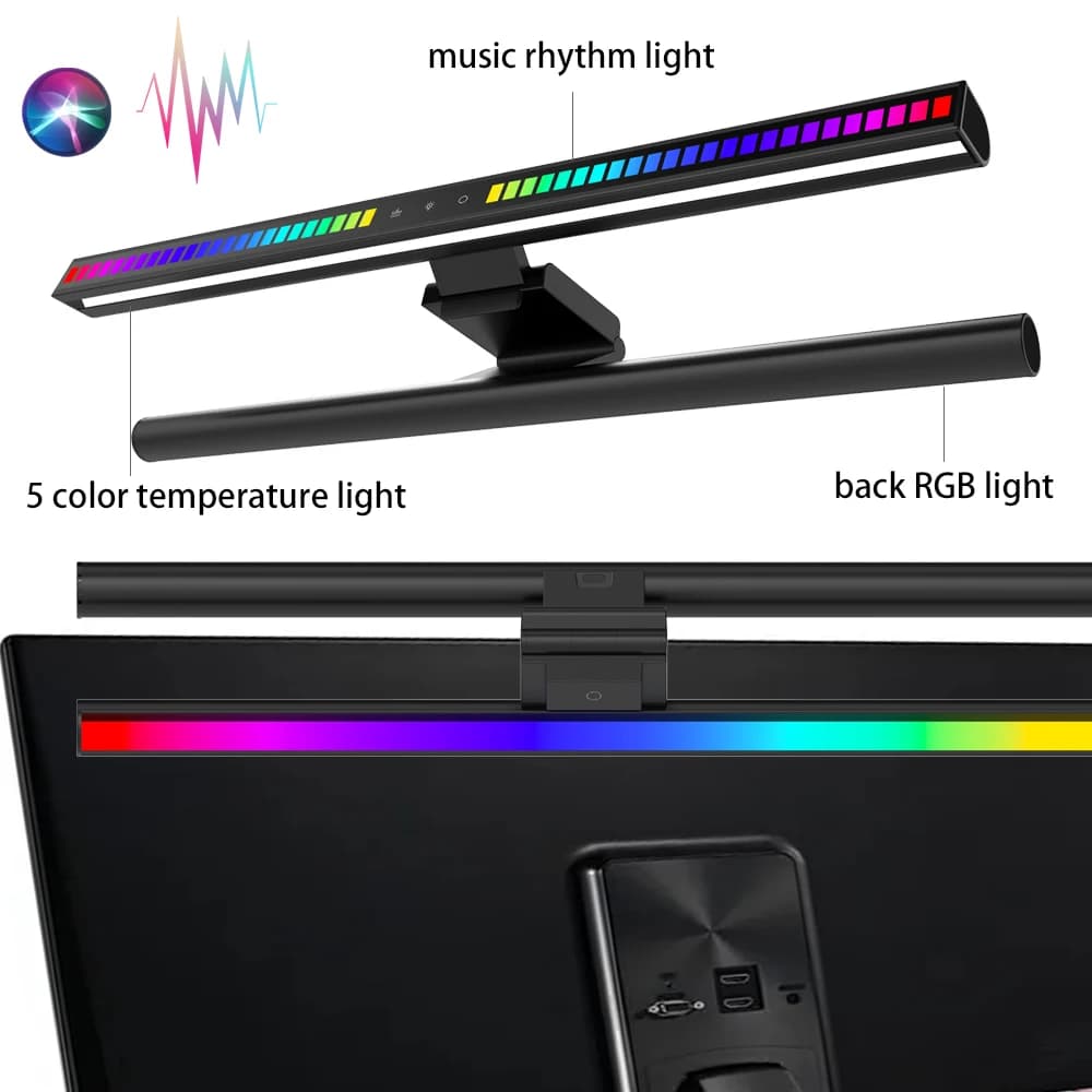 RGB/Music-Syncing Game Atmosphere Lighting LED 5color Eye Protection Desk Lamp PC Screen Hanging Light Bar For Work/Read/Study