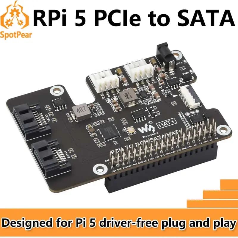Raspberry Pi 5 PCIe expansion card at SATA with EEPROM HAT+ Waveshare PCIe TO 2-CH SATA HAT+