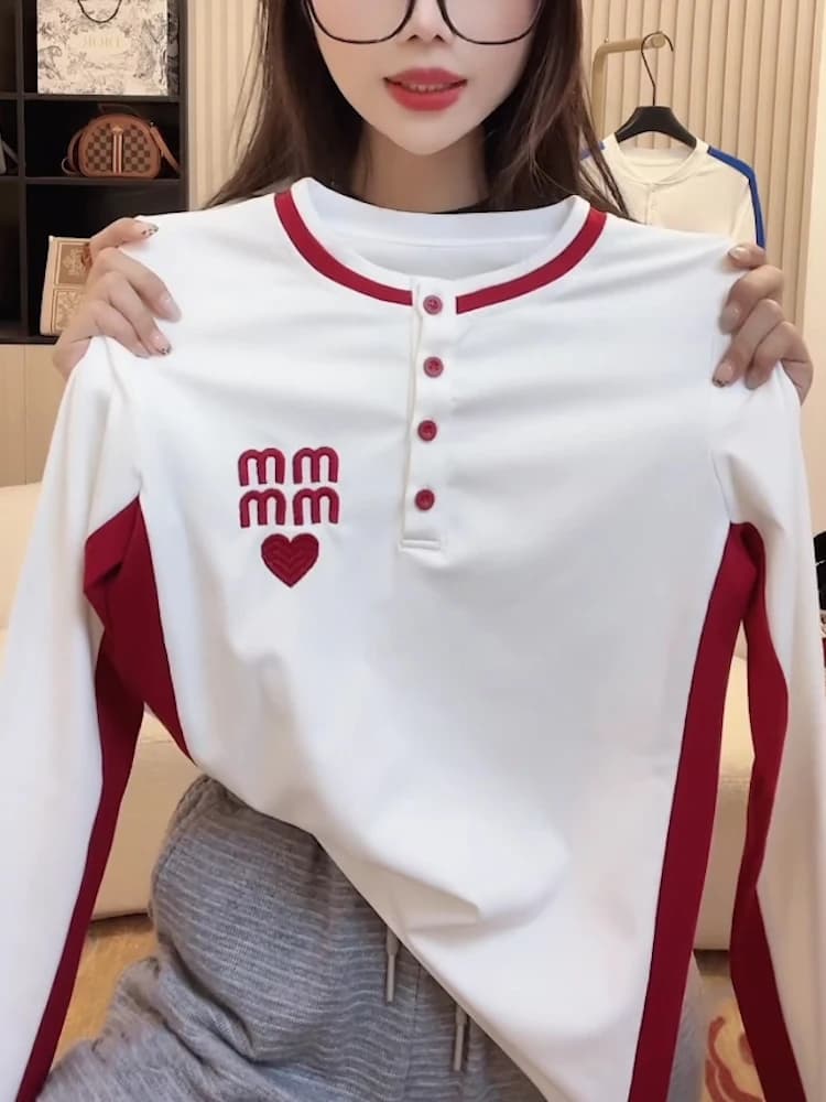 T-shirt girocollo a maniche lunghe da donna alla moda, con ricamo, nuovo stile coreano, per primavera e autunno