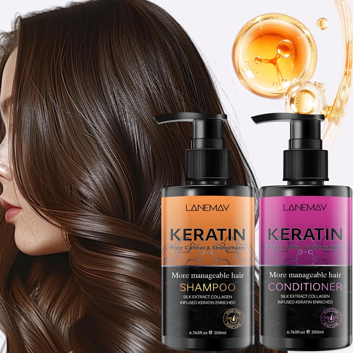 Keratin Silk Extract Collagen Shampoo & Conditioner Set – Frizz Control & Strengthening Transform unruly hair.