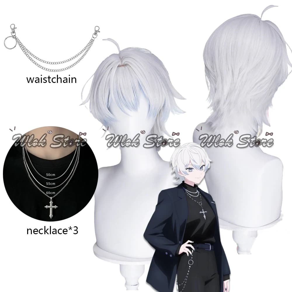 Anime Needy Girl Overdose Karamazov Nechika-sama Cosplay Wig Short White Hair Necklaces Waistchain For Men Women Halloween Props