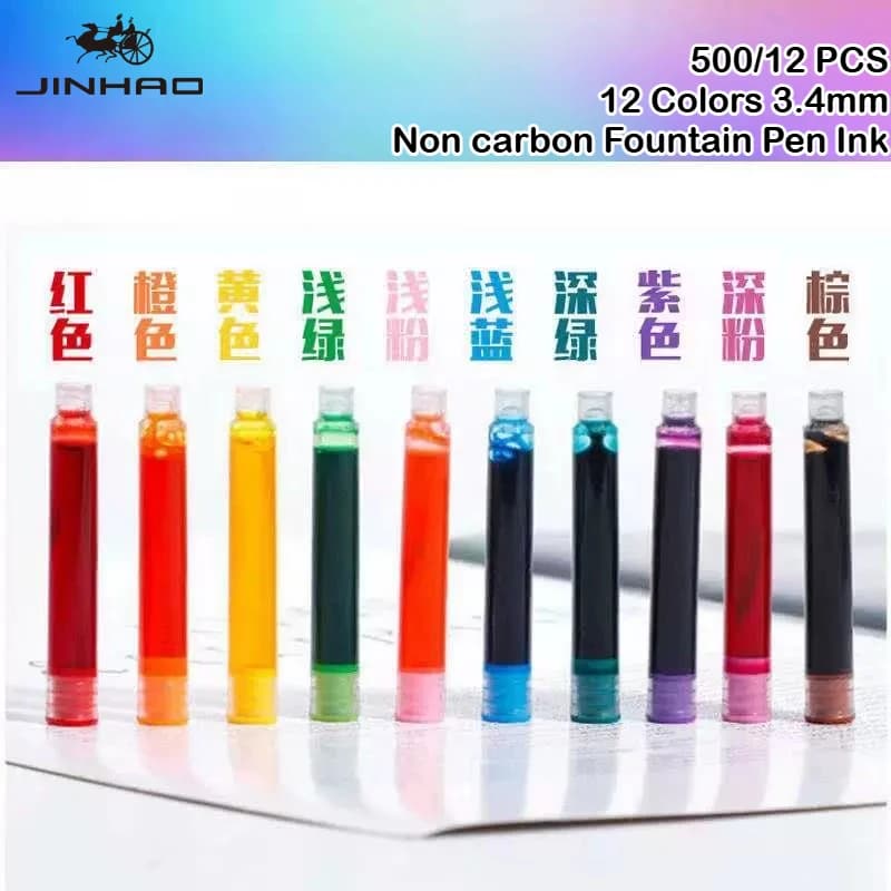 500/12 PCS JINHAO 12 Colors Non carbon Fountain Pen 3.4mm Ink Cartridges Universal Sac Refills School Office Supplies Stationery