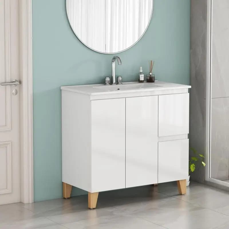 Mobile da bagno moderno da 36 pollici con lavabo combinato a 3 fori, 2 ante e 2 cassetti, sistema con chiusura ammortizzata, design senza maniglia, legno naturale