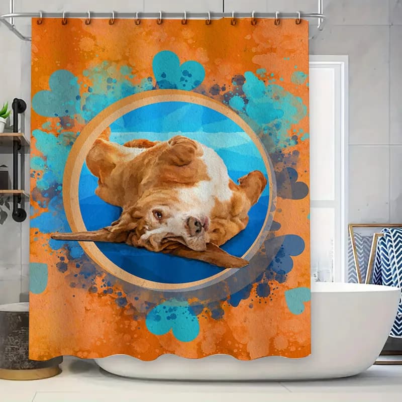 Tenda da doccia per cani, decorazione impermeabile per animali domestici, rustico, arancione, blu, stampa ad acquerello, accessorio per il bagno, dimensioni personalizzabili