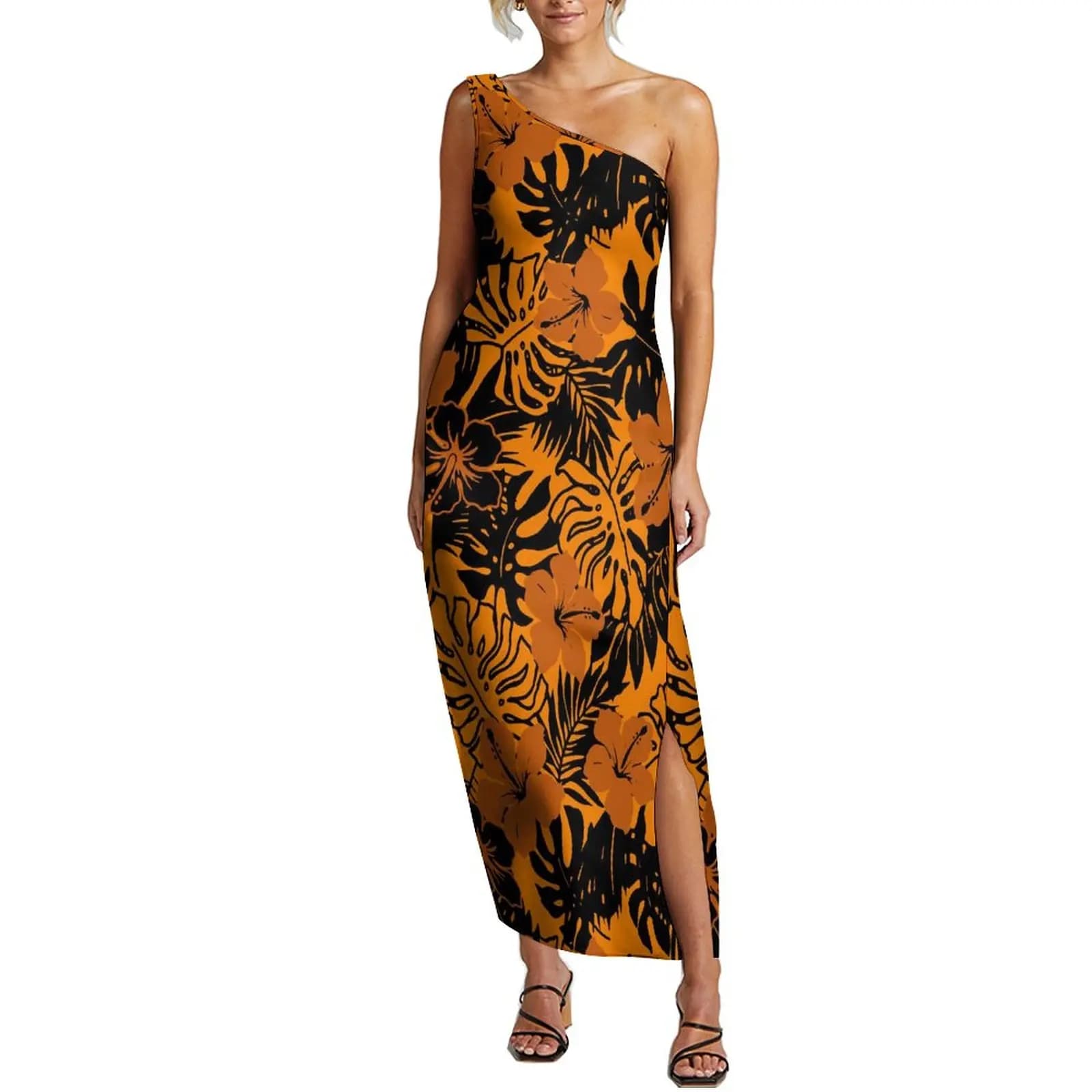Abito estivo da donna con spalle diagonali Hawaii Maxi abito polinesiano Party elegante Design di supporto per abiti
