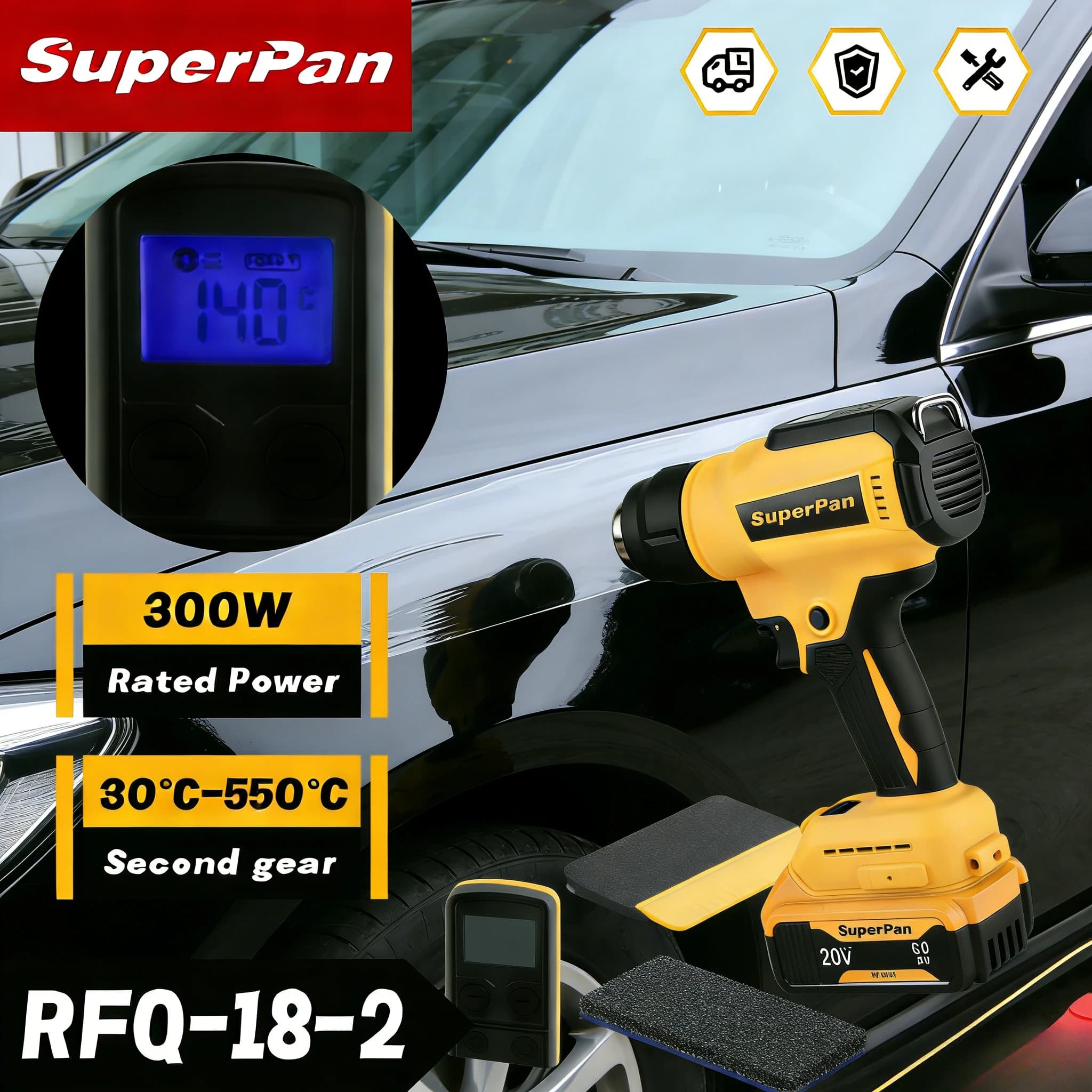 Pistola Termica Cordless SuperPan, Pistola Termica Portatile 18V Li-ion, Strumento Compatto per Riparazioni Auto, Compatibile con Batteria Dewalt 18V