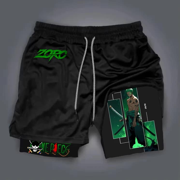Bandai One Piece Roronoa Zoro Anime Pantaloncini da palestra 2 in 1 a doppio strato da uomo Pantaloncini da spiaggia estivi morbidi e comodi ad asciugatura rapida