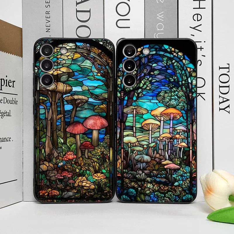 Cover for Phone with Colorful Glass Style Forest Mushroom Printing for Samsung Galaxy S25 S24+ S23 Ultra S22Plus S21 FE S20 Soft Case