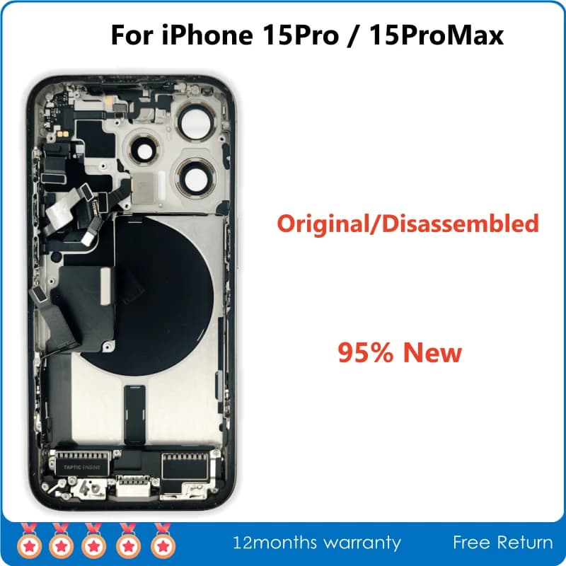 Alloggiamento del telaio centrale smontato originale, cover posteriore in vetro per iPhone 15 Pro Max, gruppo wireless NFC incluso, 95% nuovo