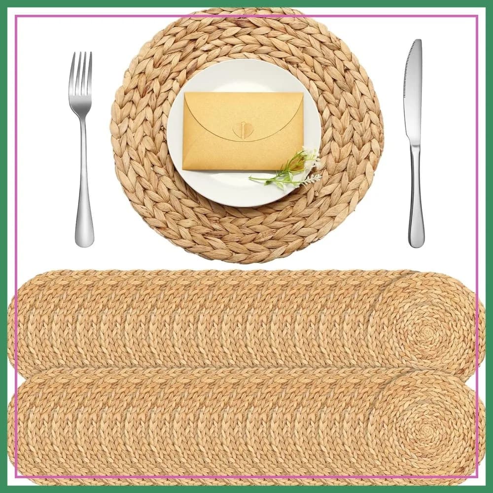 Set di 30 Tovagliette Rotonde Intrecciate a Mano in Giacinto d'Acqua, 35 cm, per Cena, Stile Rustico Boho, Decorazione per Cucina e Sala da Pranzo