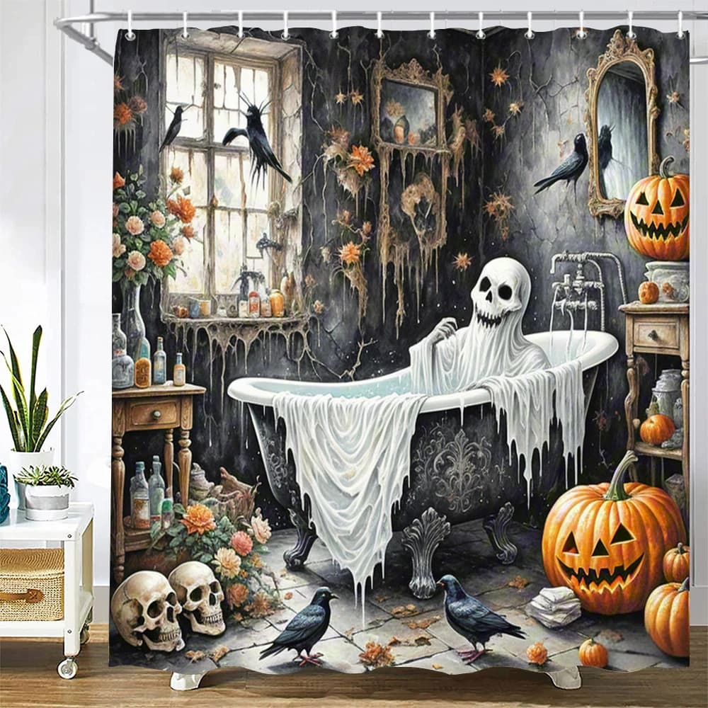 Tenda da Doccia Halloween con Stampa Fantasma Spaventoso, Zucca e Corvo, in Tessuto Poliestere Impermeabile, con Ganci, Asciugatura Rapida