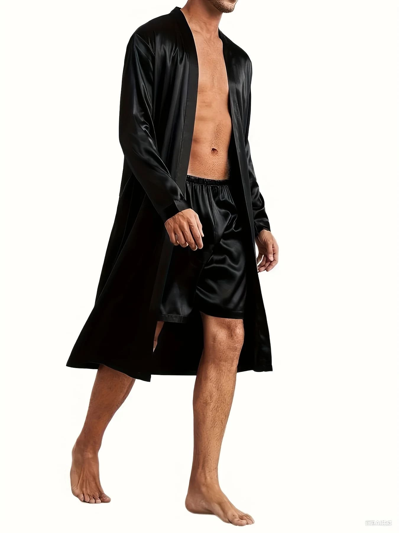 Vestaglia nera da uomo autunnale con tasche Camicia da notte estiva con scollo a V Indumenti da notte a maniche lunghe con dettaglio cintura + pantaloncini Set pigiama