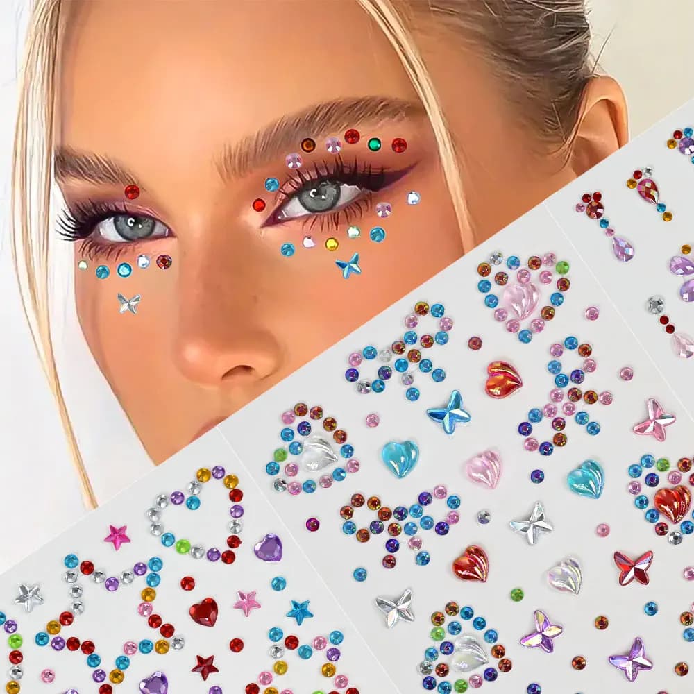 1Pcs 3D Face Diamond Tattoo Sticker Star/Heart/Butterfly Rhinestone Tattoos for Festival Music Body Eye Makeup DIY Decorations &