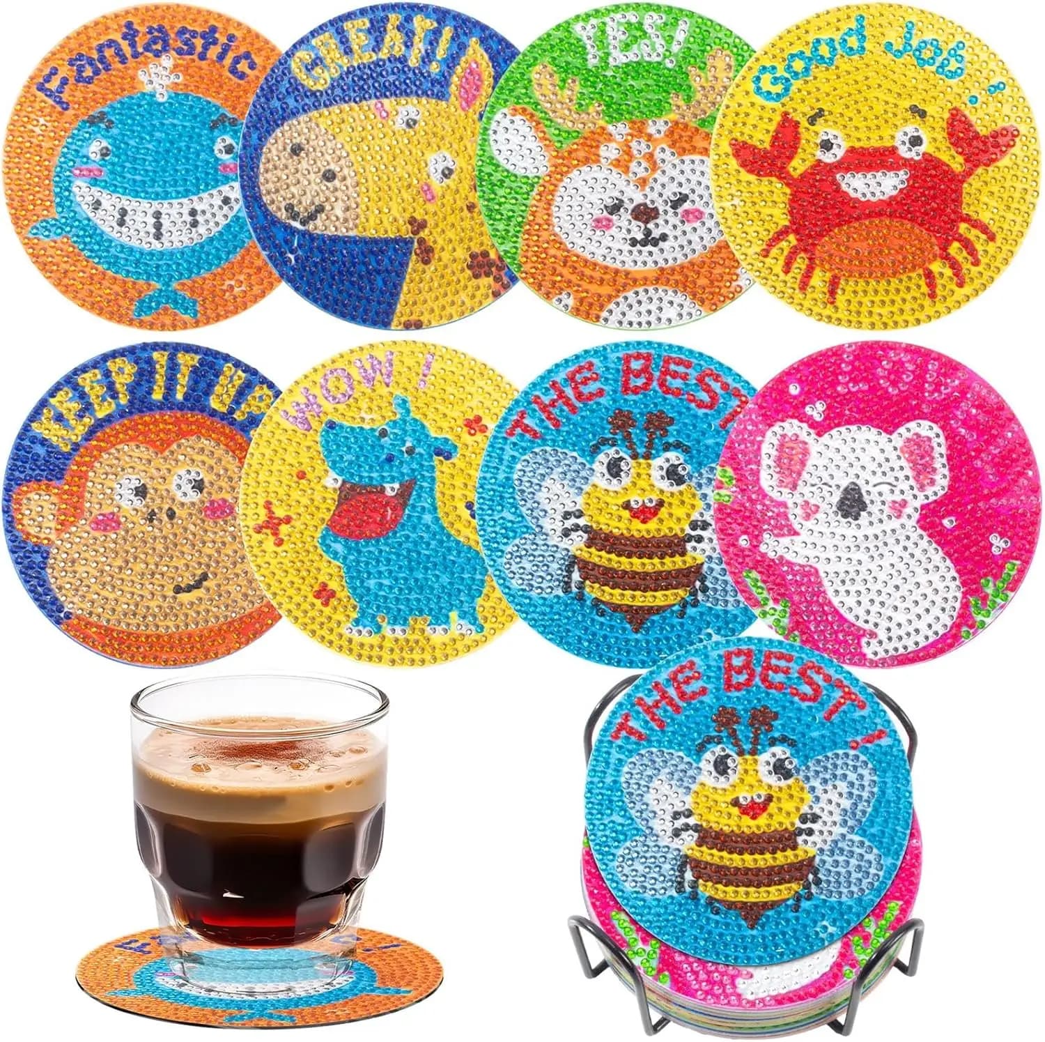 Asbondy Set di 8 Sottobicchieri con Diamanti, Kit per Dipingere Sottobicchieri con Animali Cartoon, con Supporto Incluso