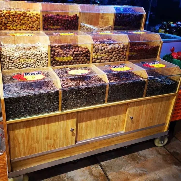 Vetrina per cereali da supermercato, mensola per frutta secca, vetrina per caramelle sfuse, espositore per semi di melone, prodotti fritti