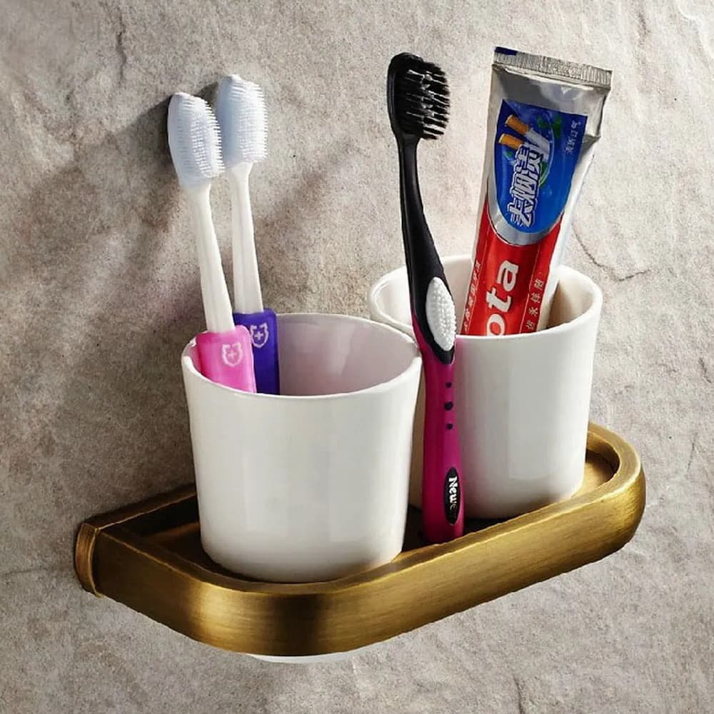 Portaspazzolino in ottone antico con doppi tazze in ceramica Accessori da bagno montati a parete aba177