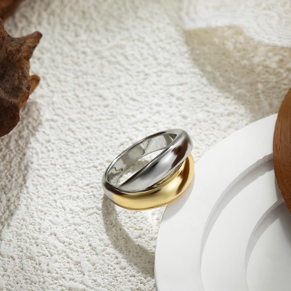 Anello Punk Bicolore Oro e Argento in Acciaio Inossidabile Lucidato PVD Impermeabile, Anelli Doppi Semplici, Gioielli da Matrimonio Bijoux