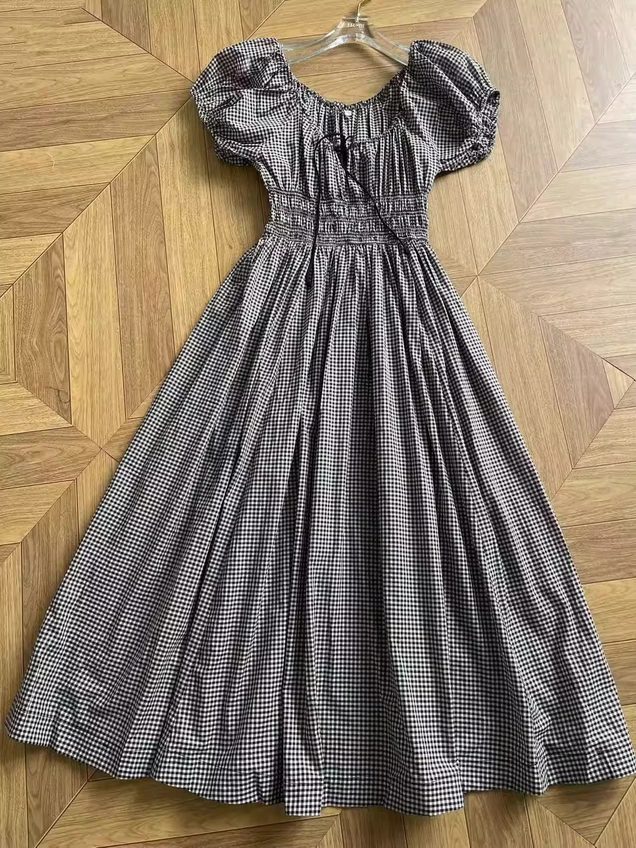 Abito lungo da donna a quadri neri, girocollo, maniche a sbuffo, vita elasticizzata, casual, 100% cotone