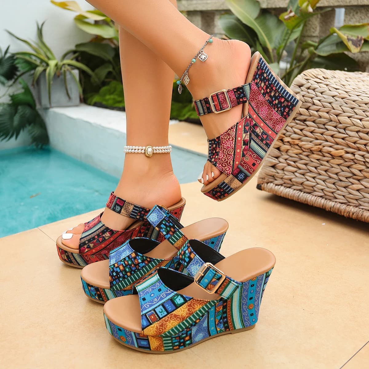 2026 Women Sandals Summer Peep Toe Slippers Fashion Plus Size Casual Shoes Women Printing Wedge Sandals Platform Ladies Shoes