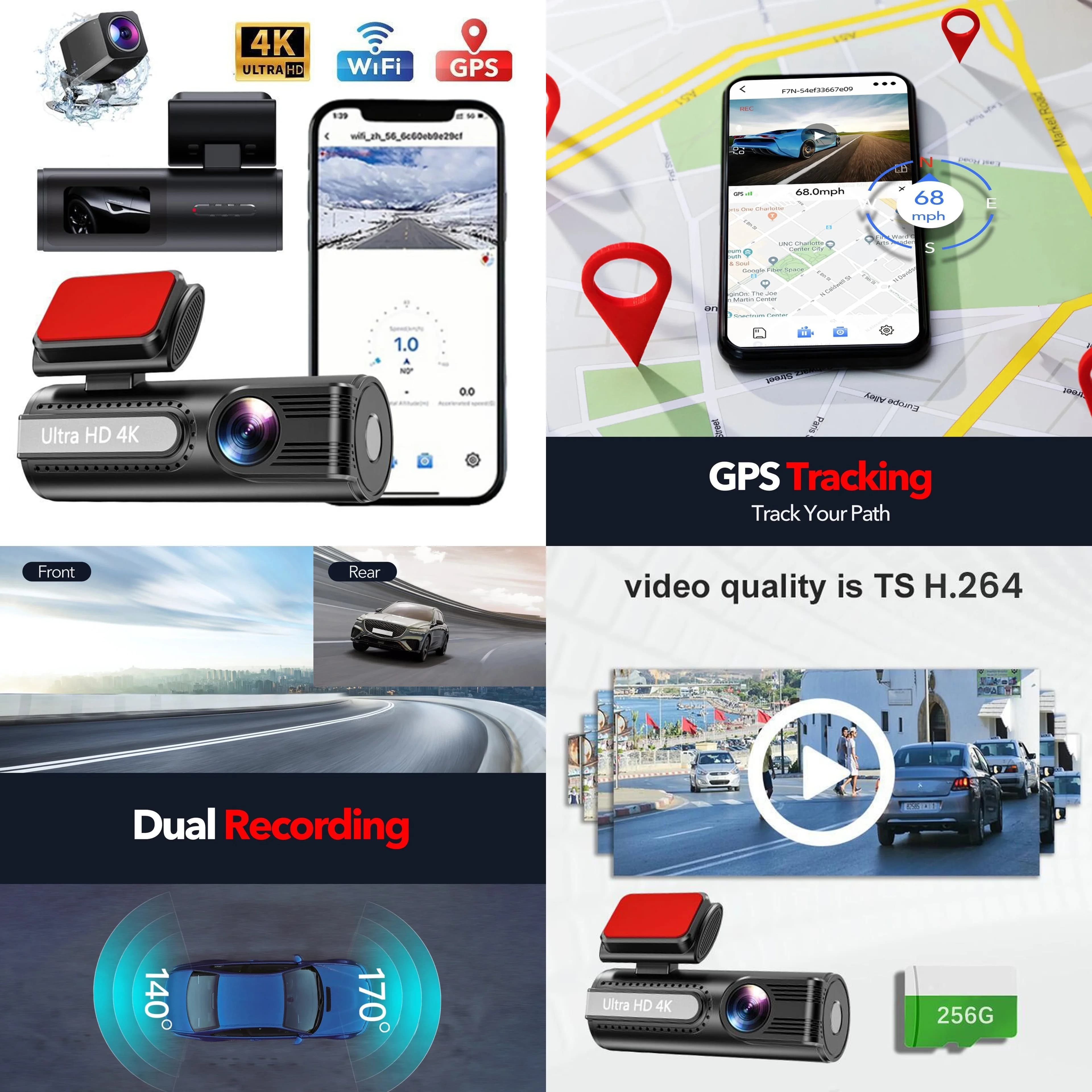 4K WiFi GPS Car Dash Cam Front and Rear Dual Lens Driving Recorder
