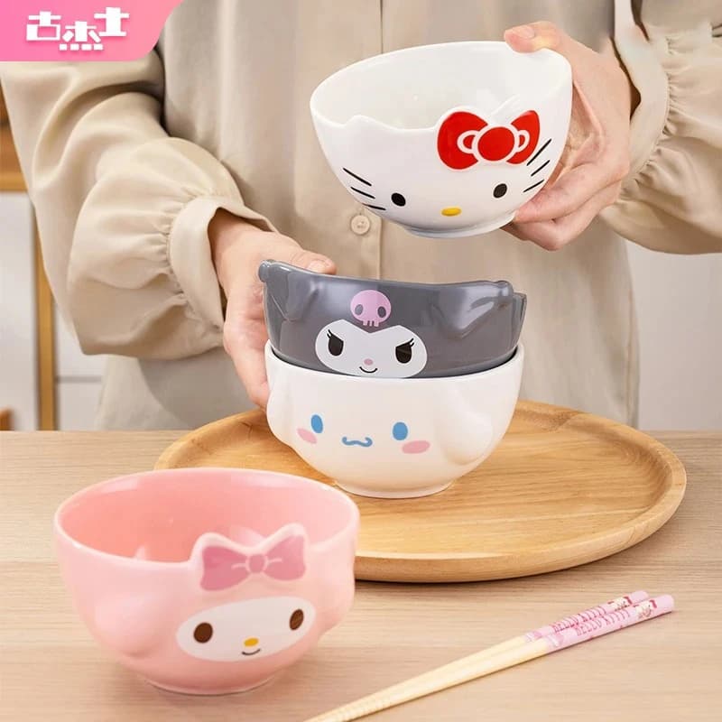 Per Sanrio Ciotole di riso in ceramica da 5 pollici Carino per Melody & Cinnamoroll & Kuromi Stoviglie per bambini Casa Cartoon Anime Ciotola in rilievo per il regalo