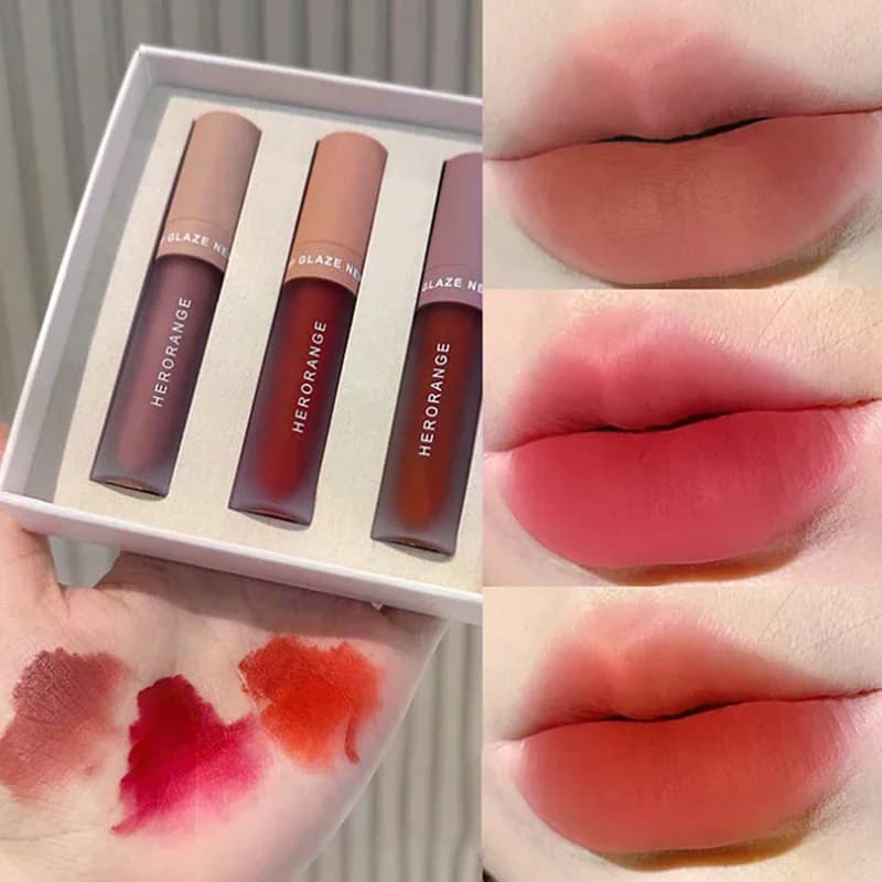 HERORANGE 3 Pezzi/Scatola Rossetto Prodotti di Bellezza Lucidalabbra Vellutato Lunga Durata Colore Intenso Lucidalabbra Opaco Trucco Labbra