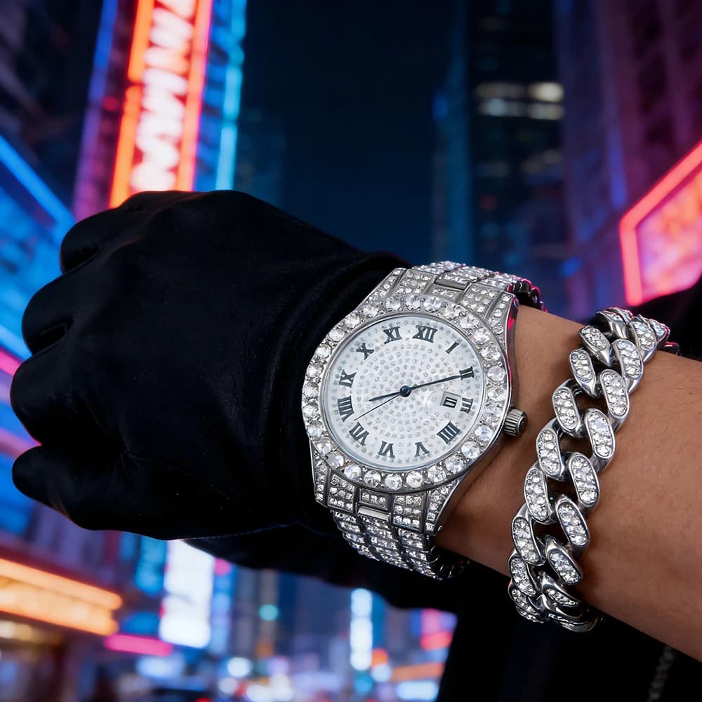 Quartz watch in one piece, elegant and luxurious hip-hop style, suitable for men and women, ideal as a gift for friends, perfect for