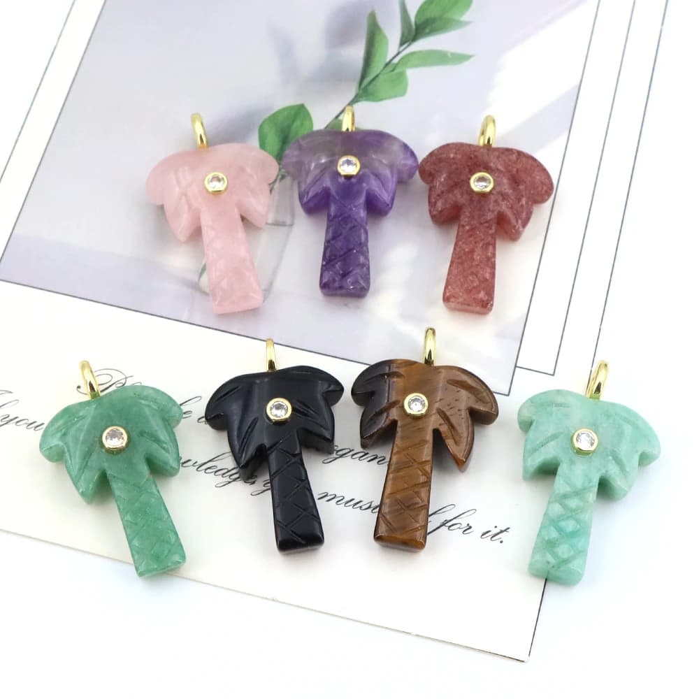 Ciondolo in Pietra Naturale a Forma di Albero di Cocco con Zirconi e Cristalli, Charm per Creazione di Gioielli, Accessori Fai-da-Te per Collane