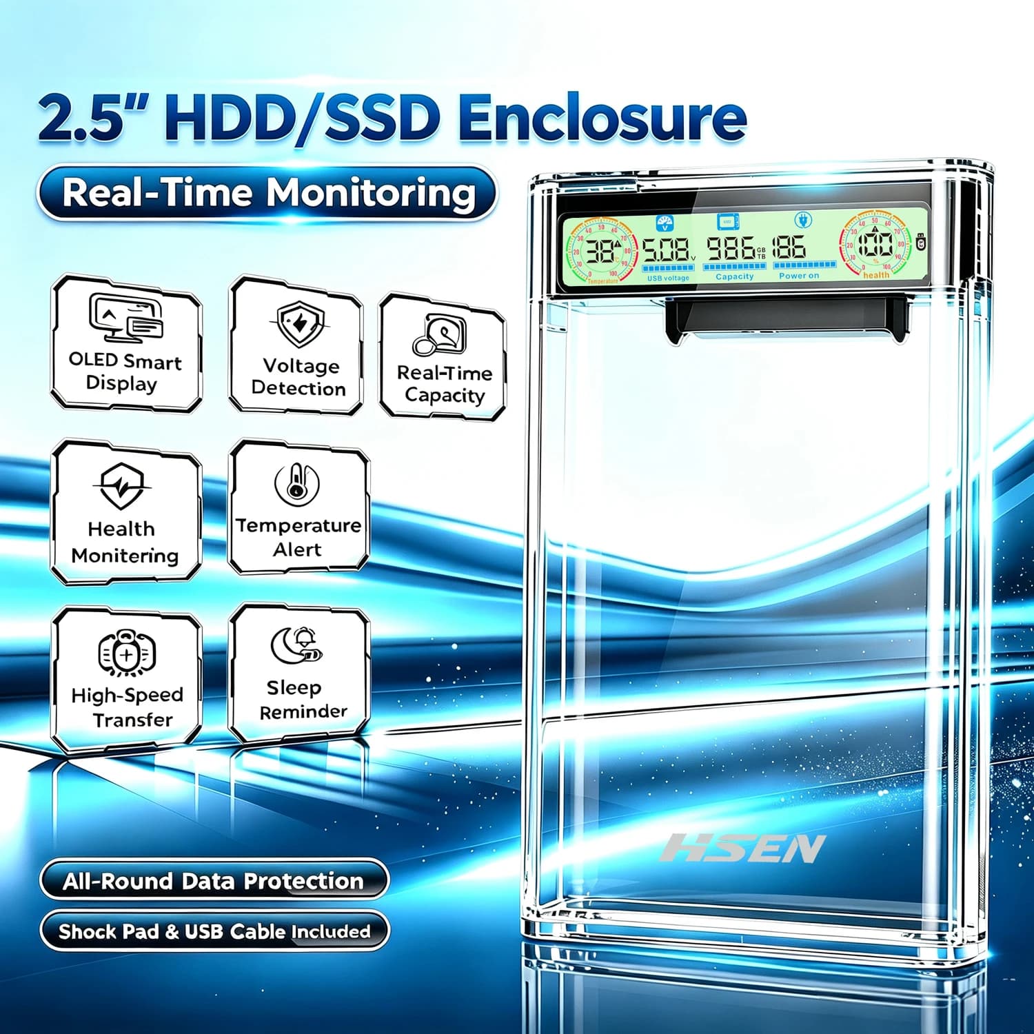 2.5 Inch SATA Hard Drive Enclosure with Smart Display, USB 3.2 Type-C External HDD SSD Storage Case, 6Gbps UASP Supported