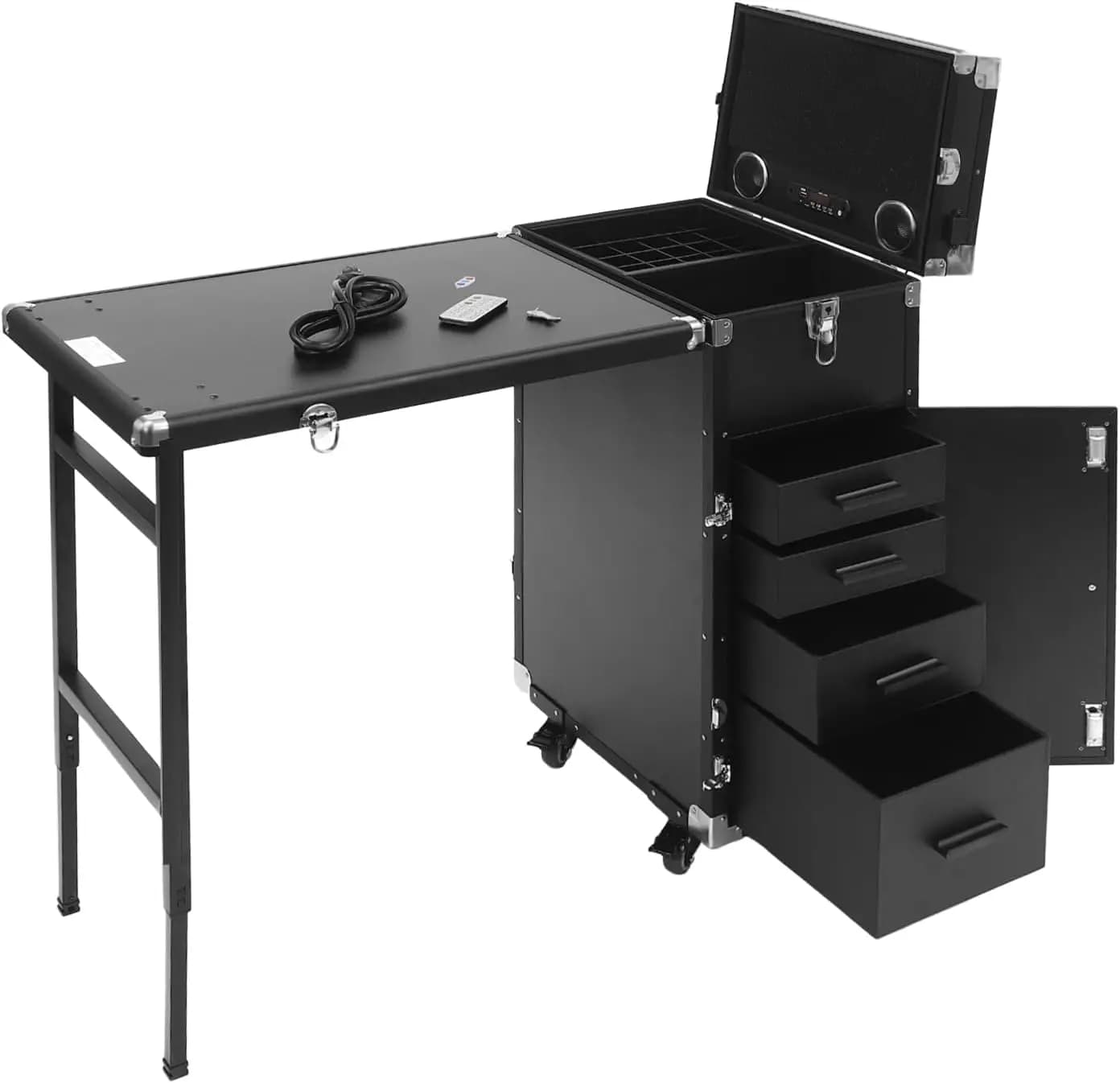 Tavolo per Unghie Professionale da Viaggio con Ruote, Tavolo Pieghevole per Manicure, Carrello Cosmetico Portatile con 4 Cassetti, Specchio e Specchietto